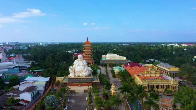Aerial view of Vinh Trang pagoda. A historical - cultural monument that attracts visitors in My Tho, Tien Giang, Vietnam. Near Ben Tre. Mekong Delta