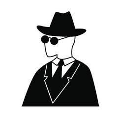 Man with suit and sunglasses, hat. Human profile sketch vector silhouette.