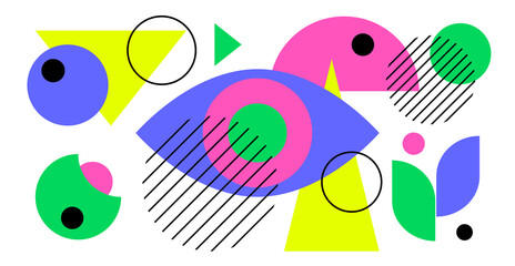 Abstract geometric background. Bauhaus, Memphis minimalist retro poster graphic vector illustration. Abstract trendy pattern of square and round shapes.