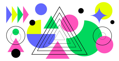 Abstract geometric background. Bauhaus, Memphis minimalist retro poster graphic vector illustration. Abstract trendy pattern of square and round shapes.