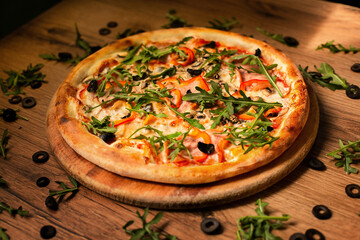 delicious italian pizza served on wooden table
