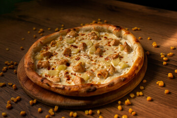 delicious italian pizza served on wooden table