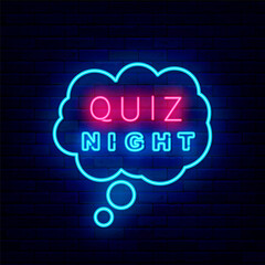 Quiz night neon sign. Blue think cloud frame. Play game concept. Outer glowing effect banner. Vector stock illustration