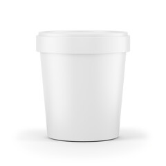 Ice cream buckets. Blank white Ice cream bucket isolated on white. Mockup template of ice cream container. 3d rendering