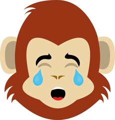 Vector illustration of the face of a cartoon monkey or gorilla, with a sad expression, crying and with tears falling from his eyes