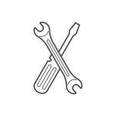 Reparación y servicio técnico. Logo con llave y destornillador con forma de aspa con líneas en color gris
