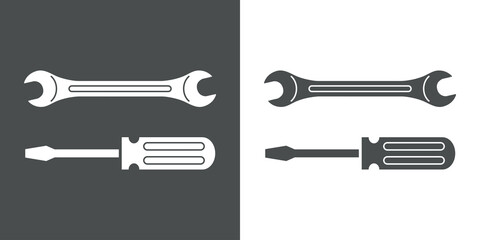 Reparación y servicio técnico. Logo con llave y destornillador en fondo gris y fondo blanco