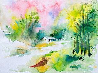 Watercolor painting of Indian village, a house with green forest background and village road in foreground. Indian watercolor painting made with paints and brush.