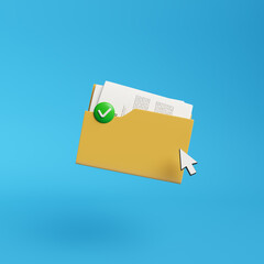 Yellow business folder with files. Folder with documentation. Storage data in specific directory concept. Isolated 3d icon with cursor arrow. 3d render. 3d illustration.