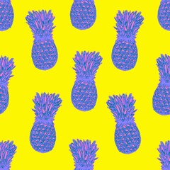 Blue pineapples on a yellow background. Seamless fruit pattern.