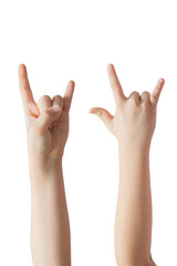 Child's hand shows a sign rock goat on a white background