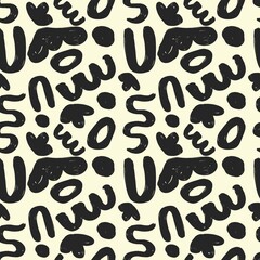 Black and white doodles, seamless pattern. Creative minimalist art background. Flat design, hand drawn, cartoon.