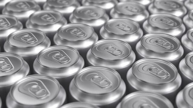 Many Aluminum Metal Soda Cans. 3d Animation Render, infinite loop