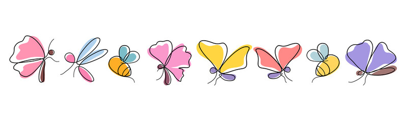 Abstract butterfly, dragonfly and bee set designed in simple doodle style for cards, apparel, fabrics, paper motifs, digital prints. Spring-themed decorations, pillows, mugs, bags, etc.