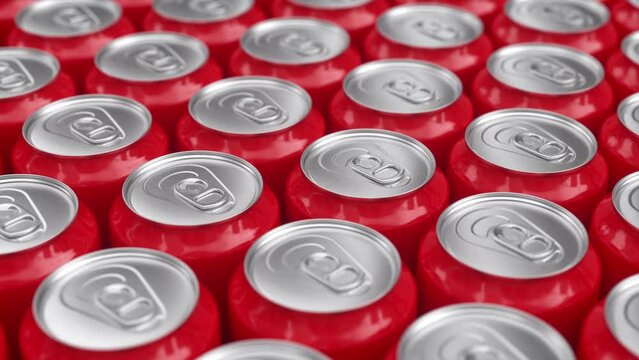 Many Red Aluminum Metal Soda Cans. 3d Animation Render, infinite loop