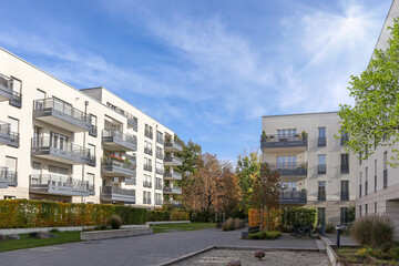 View to residential area with ecological and sustainable green residential buildings, low-energy...