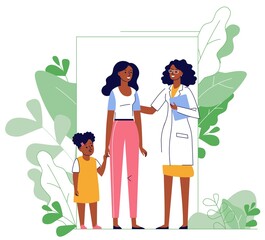 Medicine concept with black doctor and family patients on plant background.