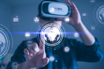 man wearing VR glasses virtual Global Internet connection metaverse, Document Management System, online documentation database and process automation to efficiently manage files, future technology.
