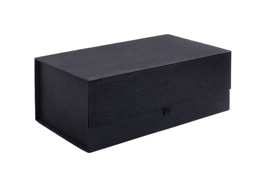 Cardboard box covered with black fabric, close-up, isolated on a white background