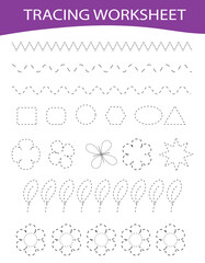 Trace line page game for kids with different shapes, leaves, sun, flowers. Preschool or kindergarten tracing worksheet with dashed lines for practicing fine motor skills.Handwriting practice sheet