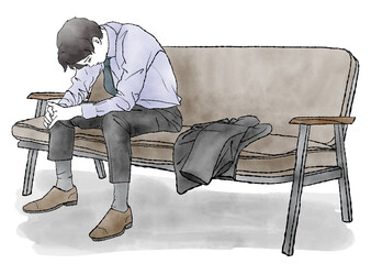 スーツの上着を脱ぎ、ソファーに座って下を向く男性の手描き水彩イラスト