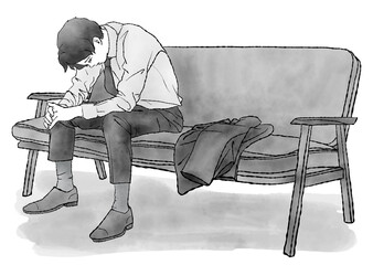 スーツの上着を脱ぎ、ソファーに座って下を向く男性の手描き水彩イラスト（モノクロ）