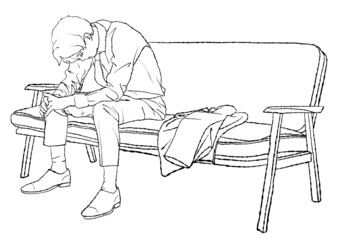 スーツの上着を脱ぎ、ソファーに座って下を向く男性の手描き水彩イラスト（線画）