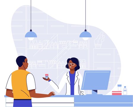 Pharmacy concept with pharmacist and black patient.