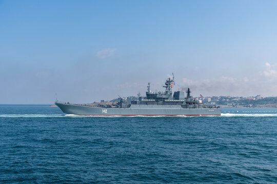 Russia, Sevastopol - July 21, 2021: Russian Project 775 large landing ship Novocherkassk (BDK-46, NATO reporting name Ropucha II-class) sails in Sevastopol Bay on rehearsal of Russian Navy Day parade.