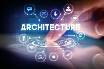 Finger touching tablet with web technology icons concept