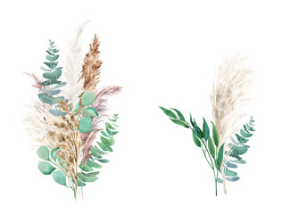 Watercolor pampas grass and   eucalyptus border, garland. Boho neutral colors bouquet. Botanical nature design isolated on white. Bohemian style wedding invitation, card, greeting