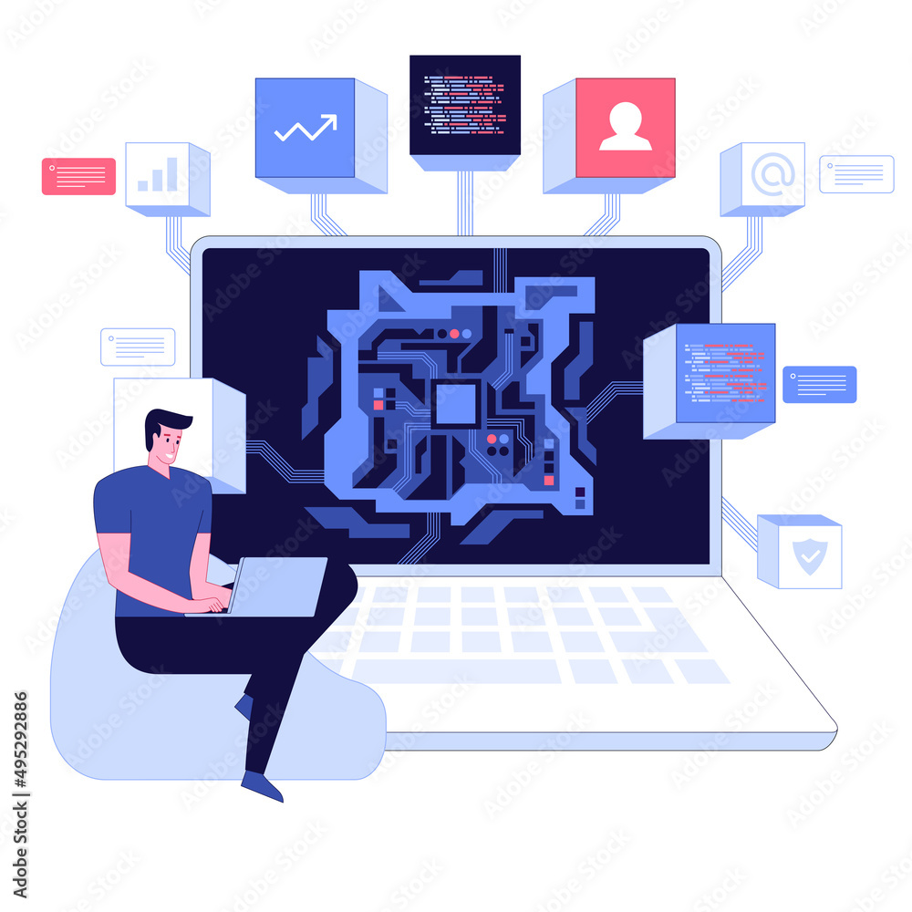 Poster vector illustration of professional engineer use laptop screen shows cpu abstract digital chip compu