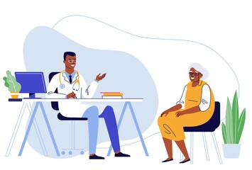 Medicine concept with black doctor and old patient.