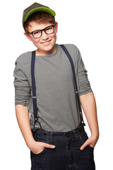 Nerdy is the new cool. A teenage boy wearing a hat and glasses.