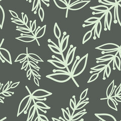 Seamless Nature Pattern with Green Branches and Leaves. Floral Background, Sketch, Graphic Print.