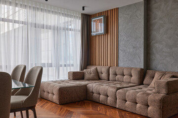 modern interior design in light beige colors. Concept of real estate objects and apartment for rent.