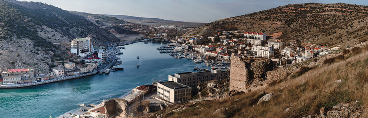 Panorama of Balaklava Bay in spring. Crimea - obrazy, fototapety, plakaty