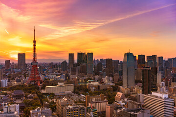 Bird's-eye view of a beautiful pink and orange color sunset on a cityscape of the Shibadaimon district overlooked by the iconic Tokyo tower.