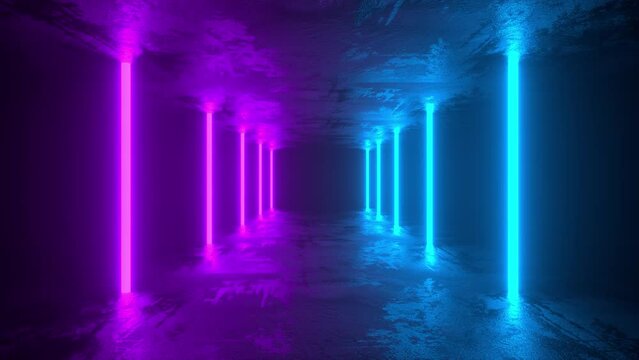 Moving forward a concrete corridor illuminated with blue and purple neon lights. 4K Video Animation