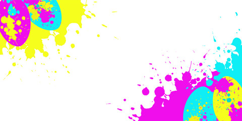 Vector creative easter border with blue, yellow, pink splashes, drops and eggs. Template for holiday card, poster, invitation.