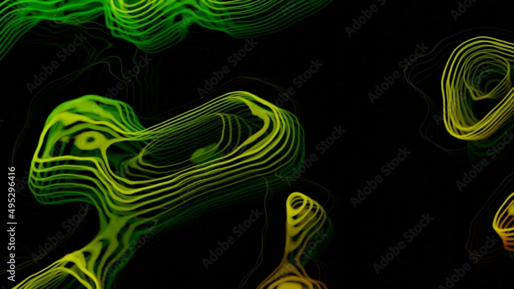 Poster abstract background with animation of morphing shapes. design. colorful green shapes on a black back