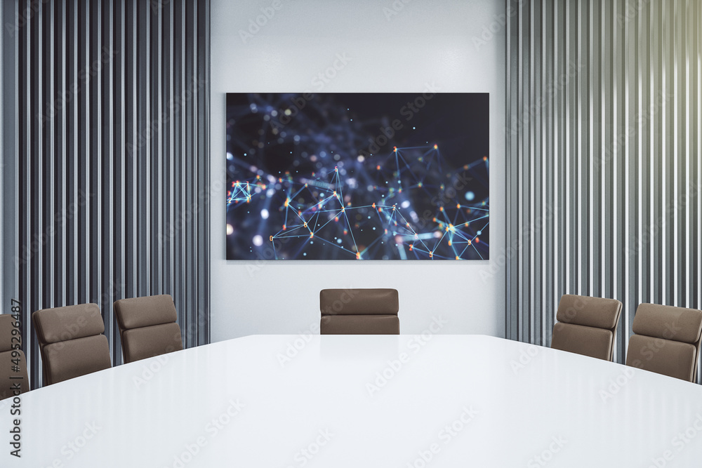 Poster creative concept of wireless technology on presentation screen in a modern conference room. big data