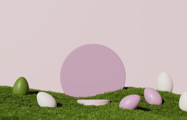 3D display podium pastel pink  background, Easter eggs on natural green grass. Round frame, Nature minimal pedestal, beauty, cosmetic product presentation. Spring banner. Feminine template 3d render.
