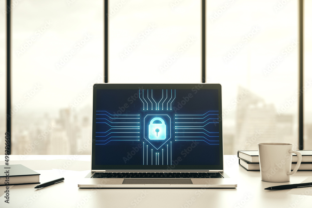 Fototapete creative lock sketch with chip hologram on modern computer monitor, protection of personal data conc