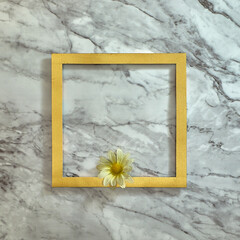 One white flower on a gold frame. Gray white marble background. Text space. Top view. Minimal style.