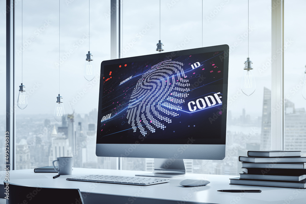 Poster modern computer display with abstract graphic fingerprint sketch, fingerprint scan data concept. 3d 