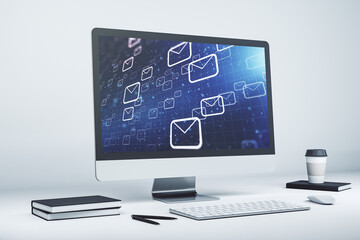 Creative abstract postal envelopes hologram on modern computer monitor, email and notification...