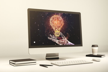 Modern computer monitor with creative light bulb hologram, research and development concept. 3D Rendering