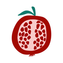 Half cut pomegranate with green leaf and red seeds in cartoon flat style on white background. Vector illustration of colorful fresh fruit