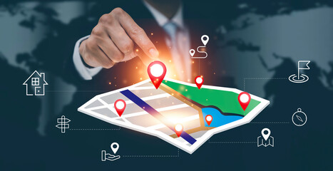 Businessman hand holding virtual world and model map with location point , GPS app, icon Travel...